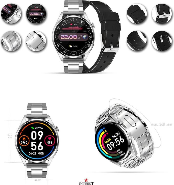 Actual product image Giewont Smartwatch GW450-5 Silver + black leather strap