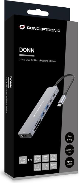 Actual product image Conceptronic 7-1 Dock USB-C->HDMI/USB-C/2xUSB-A/+ 25cm gr (USB-C, 7 ports)