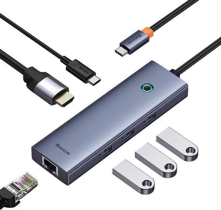 Immagine prodotto Baseus Hub 6in1 UltraJoy USB-C do HDMI4K@30Hz1+3xUSB 3.0+PD+RJ45 (grigio spazio) (USB-C, 6 porte)