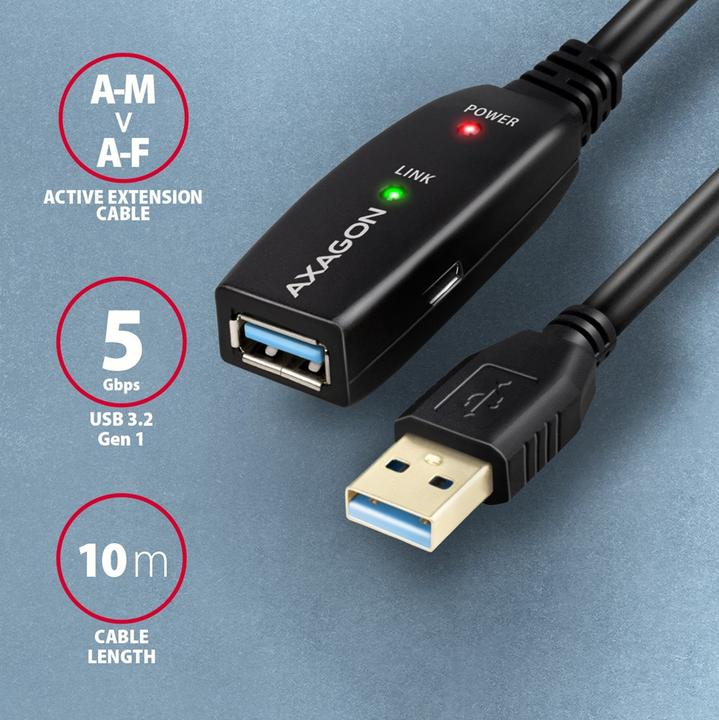 Actual product image Axagon ADR-310 USB 3.2 Gen 1 extension cable, active - 10m (10 m, USB 3.2 Gen 1)