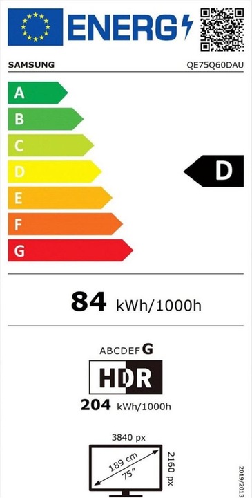 Energy Label Samsung QE75Q60D (75", Q60D, QLED, 4K, 2024)