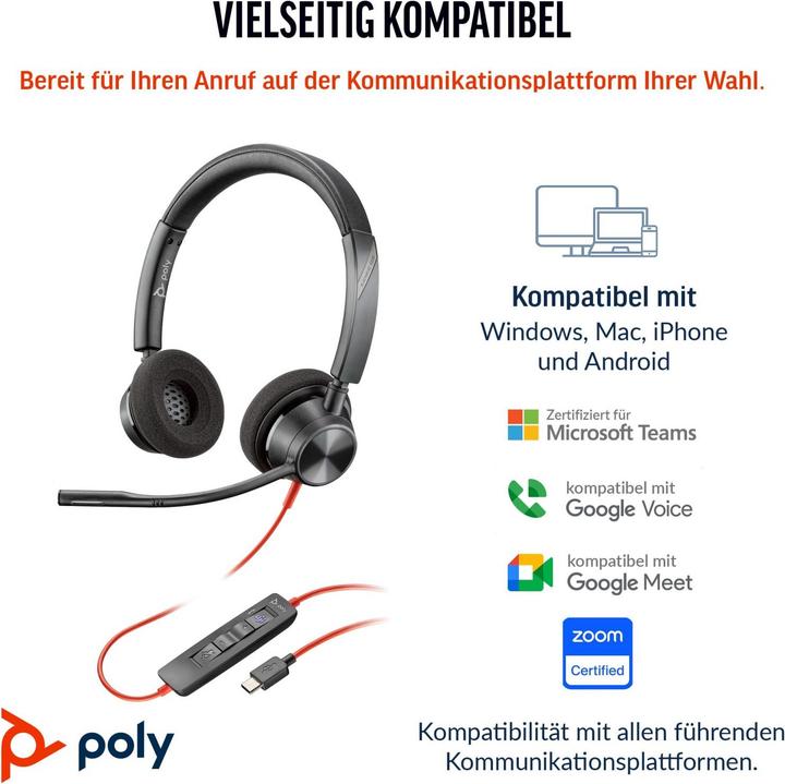 Image du produit Poly Blackwire 3320 Casque stéréo USB-C, certifié Microsoft Teams, + adaptateur USB-C/A (Filaire, USB-C, Les équipes Microsoft)
