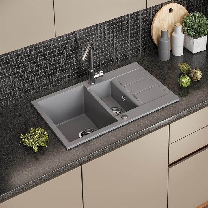 Produktbild Bergström Spülbecken Seattle, Grau, 80 x 50 cm mit 2 Spülbecken & Trockenplatz (Einbauspüle mit Abtropffläche, 50 cm, 80 cm)