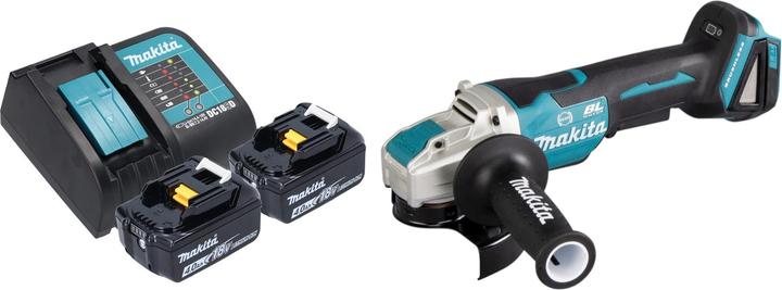 1x smerigliatrice angolare a batteria Makita DGA 520, 1x impugnatura laterale 36 cpl. (158237-4), 1x coperchio di protezione 125 mm (347618-9), 2x batteria ricaricabile Makita BL 1860 B 18 V 6.0 Ah, 1x caricabatterie Makita DC 18 SD