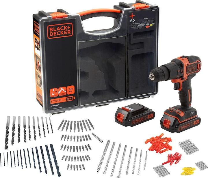Black & Decker BDCHD18BOA, 2 piles & 160 pcs. Ensemble d'accessoires (Fonctionnement sur batterie)