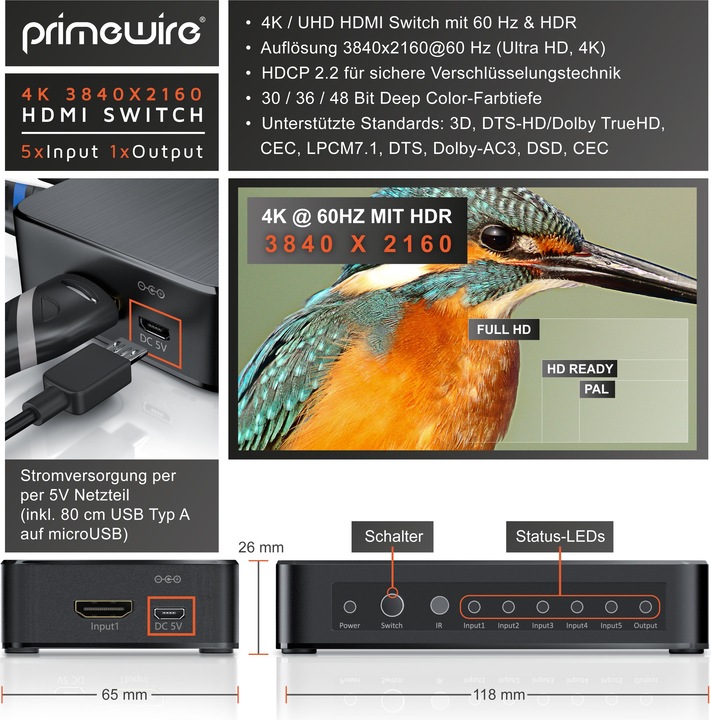 Immagine prodotto Primewire Switch HDMI 2.0, switch HDMI Ultra HD 4K a 5 porte con telecomando, distributore 5x IN/1x OUT