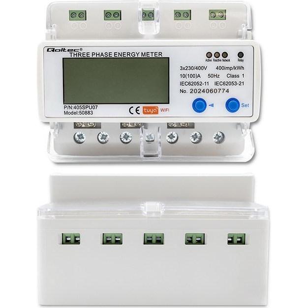 Thumbnail - Qoltec, Energiemessgerät, 50883 Three phase electronic energy consumption meter for DIN rail Wi-Fi TUYA 400V LC