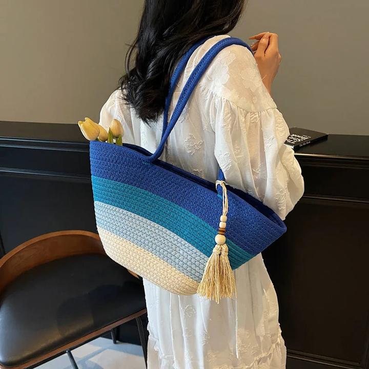 Actual product image Only-Bags.Store Baumwollseil gewebtes Design Umhängetaschen gestreift grosse Kapazität Sommer Strand Shopper mit