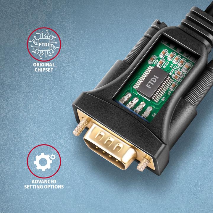 Produktbild Axagon ADS-1PQN, USB-A 2.0 - sÃ©riovÃ½ RS-232 DB9-M FTDI adaptÃ©r / kabel (1.50 m)