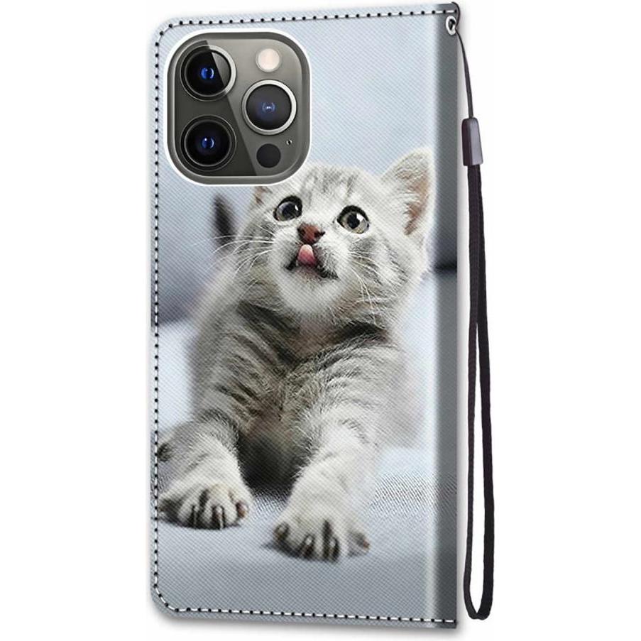 Thumbnail - Cover-Discount iPhone 13 Pro - Lederetui Hülle Kitten (Apple iPhone 13 Pro), Smartphone Hülle, Grau