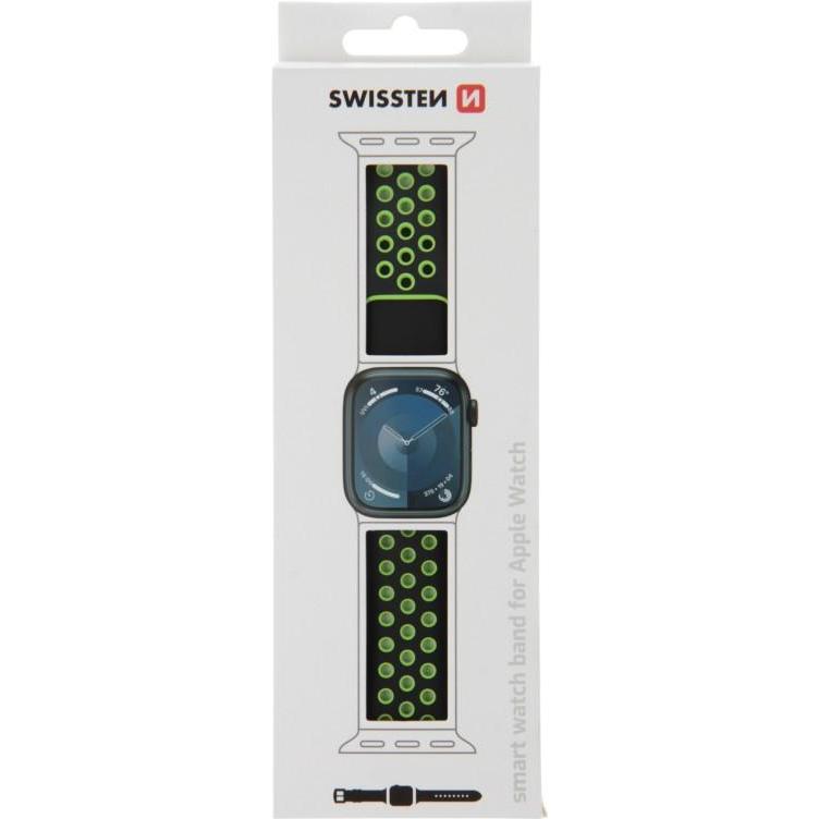 Thumbnail - Swissten Silicone Band for Apple Watch - Sport 42/44/45/49 mm Black/Green (Silikon, 3, 4, Apple Watch Series 1, Ultra), ...