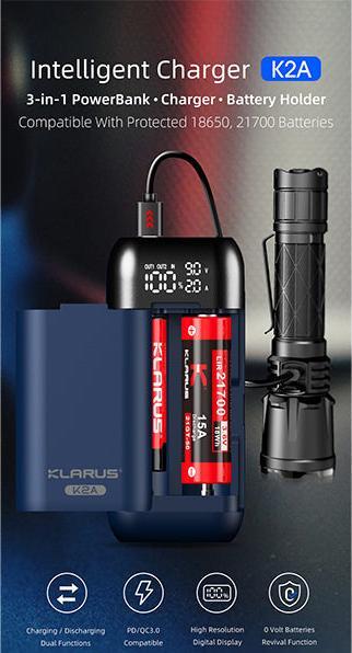 Actual product image Klarus Battery charger K2A for 2 batteries with 2 USB cables (1 pcs., 18650, 20700, 21700, Chargers without battery)