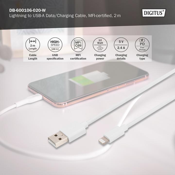 Image du produit Digitus Câble de données/charge Lightning vers USB A, certifié MFI (2 m, USB 2.0, 12 W)