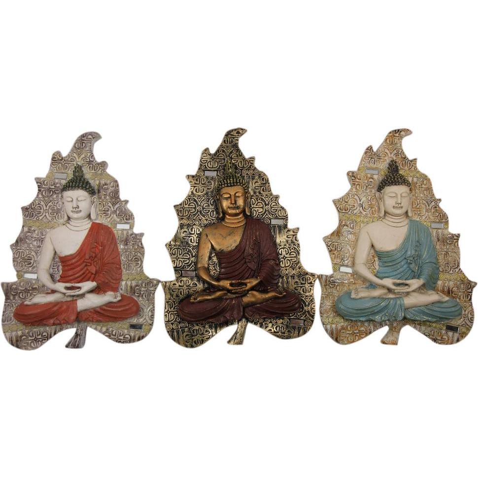 DKD Home Decor, Wanddeko, Wanddekoration Blau Rot Gold Buddha Orientalisch 19 x 3,1 x 26,5 cm (3 Stücke)