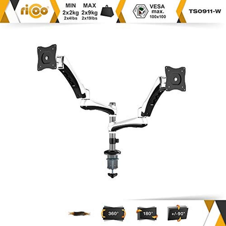 Image du produit Ricoo Support PC double écran pivotant et inclinable, bras articulé à gaz, fixation VESA (Tables, 27", 9 kg)