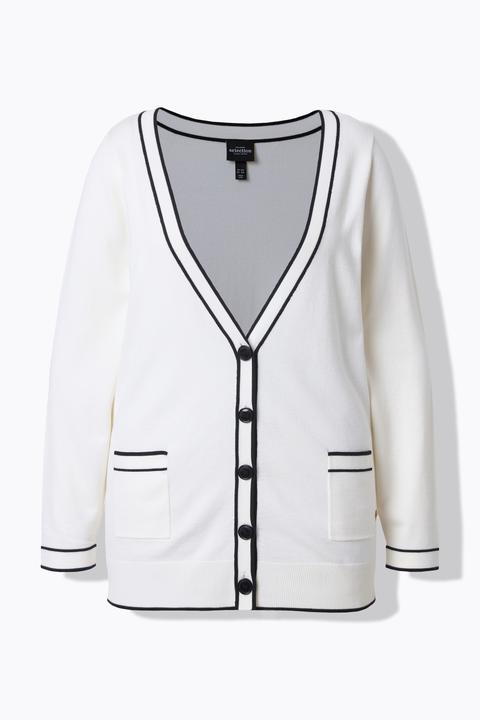 Produktbild Ulla Popken Twinset-Strickjacke, Streifen, V-Ausschnitt, Langarm (60)