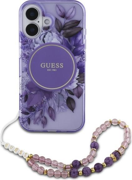 Actual product image Guess GUHMP16MHFWBRCESU iPhone 16 Plus 6.7" fioletowy/purple hardcase IML Flowers With Pearl Strap M (Apple iPhone 16 Plus)