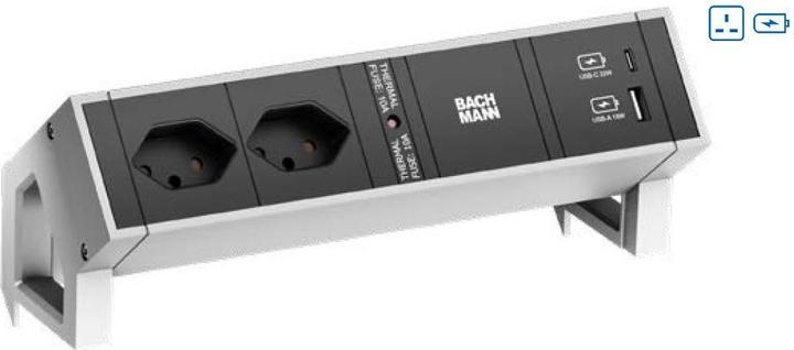 Actual product image Bachmann DESK2 2xUK 1xUSB A/C 22W 0.2m GST18 INOX (2 x, CEE 7/3, BS 1363, 0.20 m)