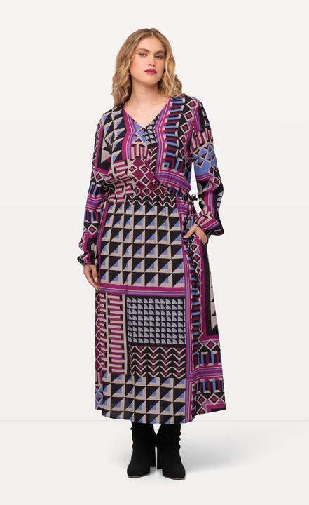 Image du produit Ulla Popken Robe midi avec effet cache-coeur, décolleté en V et manches longues, imprimé patchwork (42, 44)