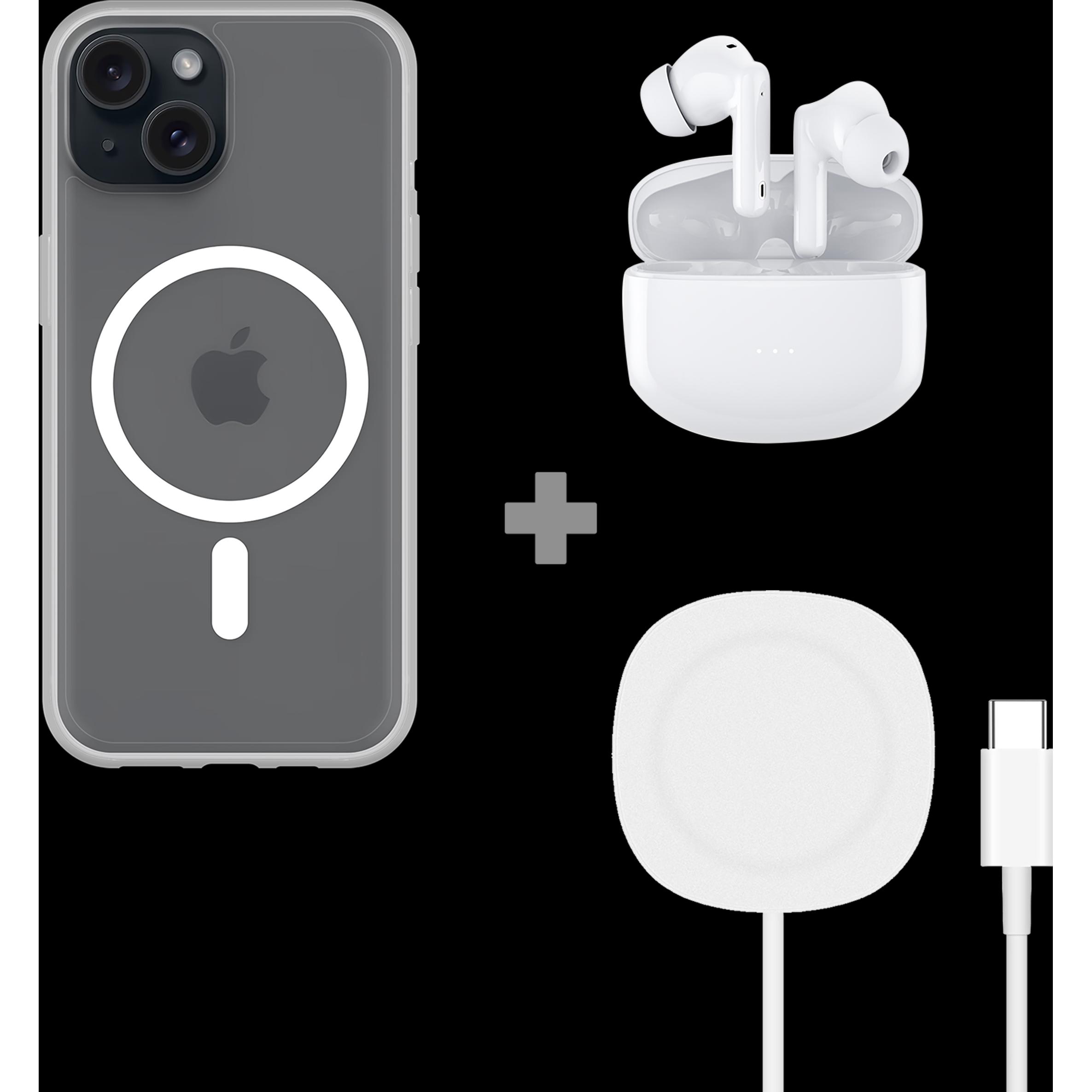 Cazy Hülle magnetischem Ring + Charger Pad + Earbuds (Apple iPhone 15), Smartphone Hülle, Transparent