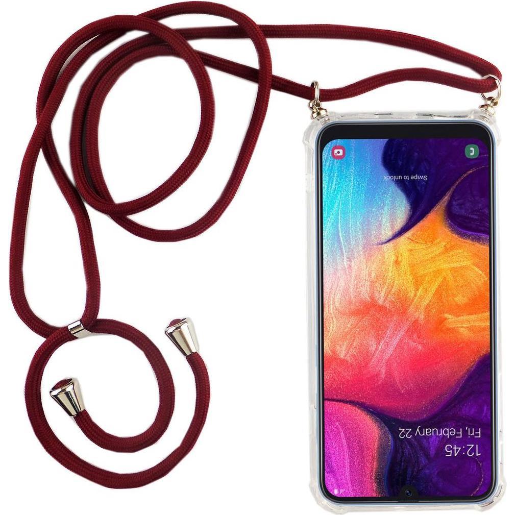 König Design Handykette für Samsung Galaxy A50 mit Band Case zum umhängen mit Kordel Rot Neu, Handykette, Transparent