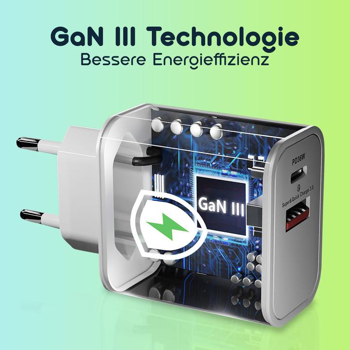 Produktbild Ideoon Dual 36Watt USB Ladegerät, 1xx USB-C und USB-A, PD- & QC-Netzteil, GaN III, weiss (36 W, 2 Ports)