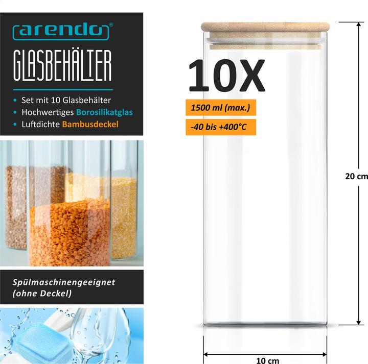 Actual product image Arendo 10x 1,5 L Vorratsgläser, Glasbehälter, 10er Set, Borosilikatglas + Bambusdeckel, dicht, rund (1.50 l)