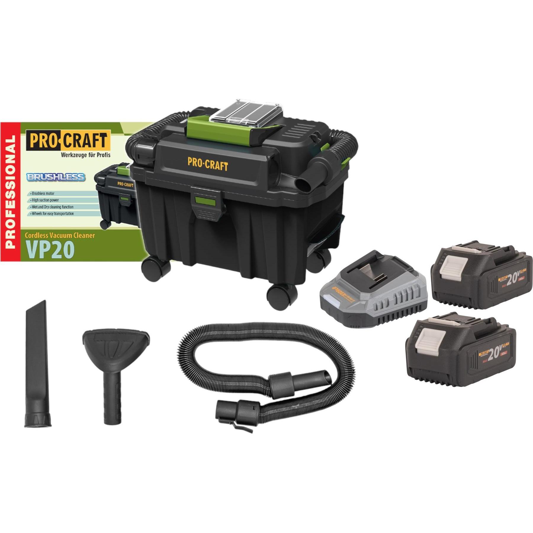 Procraft, Aspiratore industriale, VP20 Akku Industriesauger 20 V 10 l Brushless + 2x Akku 4,0 Ah + Ladegerät