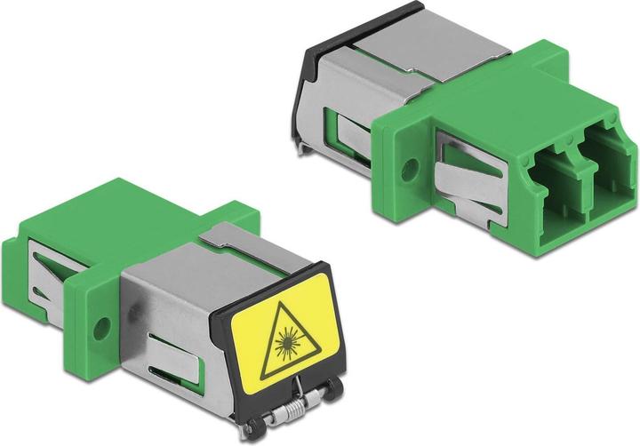 Actual product image Delock Fibre optic coupler with laser protection flap LC duplex socket to LC duplex socket singlemode green (CAT6, 0.03 m)