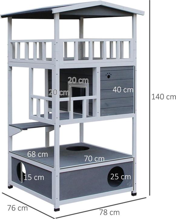 Produktbild PawHut Katzenhütte für draussen mit Terrasse, 4 Etagen, Winterfest, Grau, 75,5x75x137cm (137 cm, Dunkelgrau  Weiss)