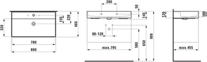 Actual product image Laufen Kartell washbasin undermount, 3 tap holes, with overflow, 800x460mm, H810336 (460 mm, 800 mm)