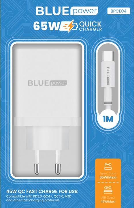 Actual product image Blue Power 65W, 1x USB / 2x USB-C with USB-C cable (65 W, 2 ports)