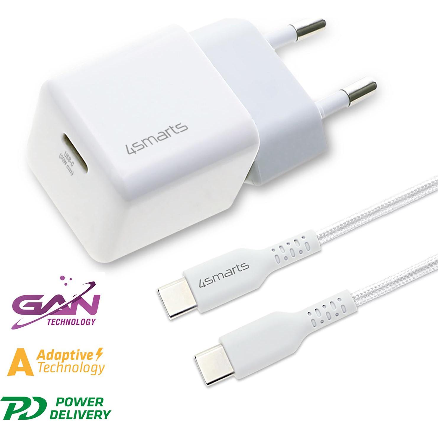 Thumbnail - 4smarts USB-Wandladegerät VoltPlug Mini PD 30W mit USB-C zu USB-C (30 W), USB Ladegerät, Weiss