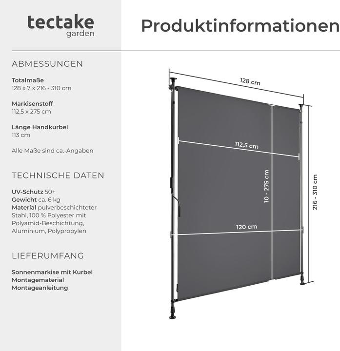 Produktbild tectake Klemmmarkise Taija mit Handkurbel (1.28 m)