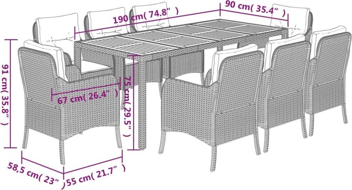Immagine prodotto VidaXL Mobili da giardino set da pranzo set da giardino gruppo di sedute 9 pezzi in poly rattan nero (190 cm)