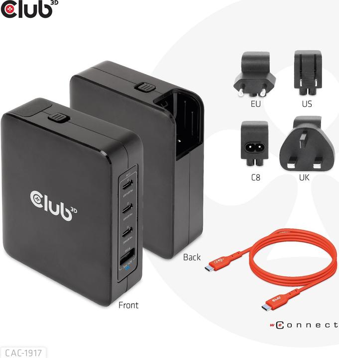 Produktbild Club 3D Club3D Reiseladegerät 3xUSB Typ C, 1xUSB Typ A, PD 140W retail (140 W, 4 Ports)