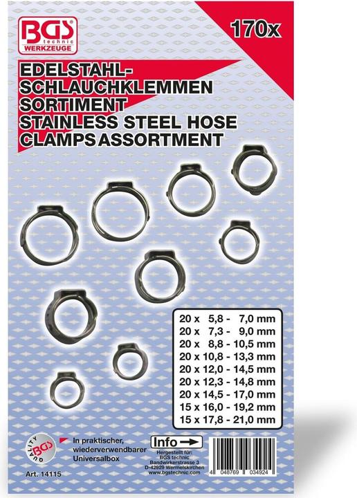 Actual product image BGS Stainless Steel Hose Clamp Assortment Ø 5.8 - 21 mm 170 pcs. (Hose clamp, 21 mm)