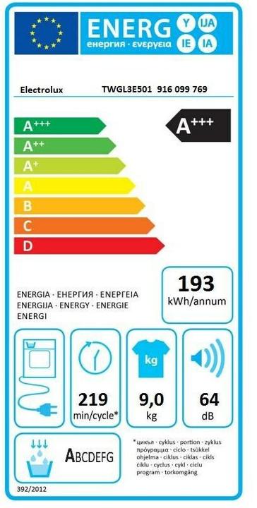 Label énergétique Electrolux TWGL3E501 (9 kg, Modifiable)