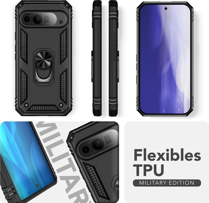 Produktbild Nalia RingDefend - Schwarze Panzerhülle mit 360-Grad Finger-Halter & Ständer - Military Style Cover (Google Pixel 9 Pro XL)