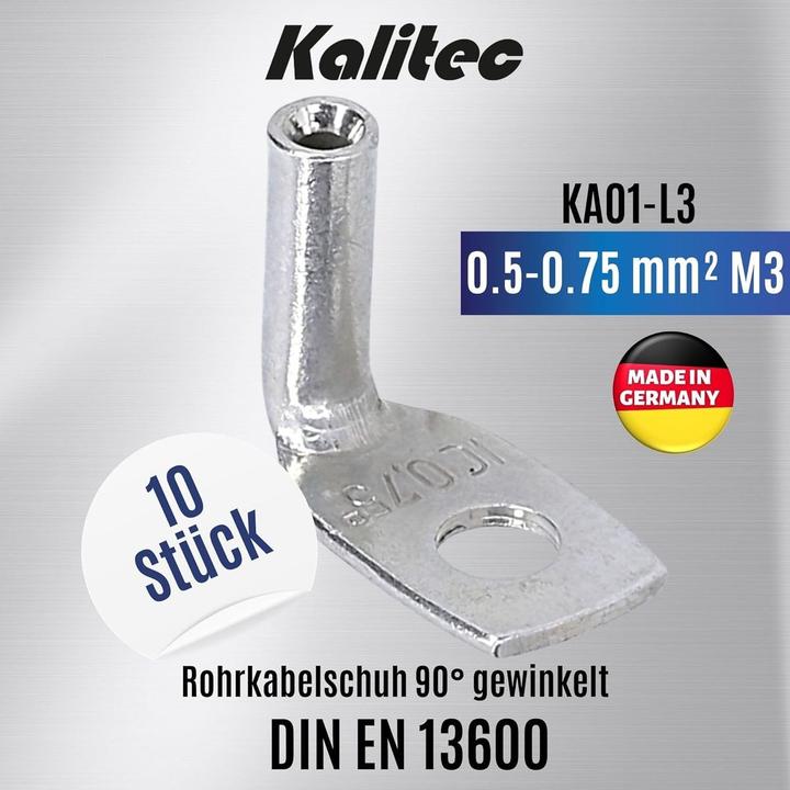 Produktbild Kalitec 10 Stück KA01-L3 Handelsübliche Rohrkabelschuhe gewinkelt 0,5mm²-0,75mm² M3 I ohne Sichtloch