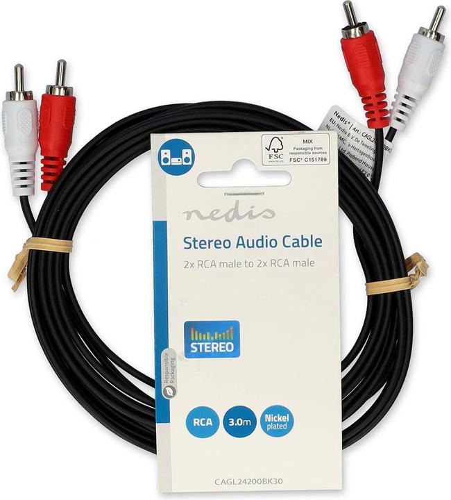 Produktbild Nedis Stereo-Audiokabel | 2x RCA Stecker | 2x RCA Stecker | Vernickelt | 3.00 m | Rund | Schwarz | L (3 m, Cinch Kabel)