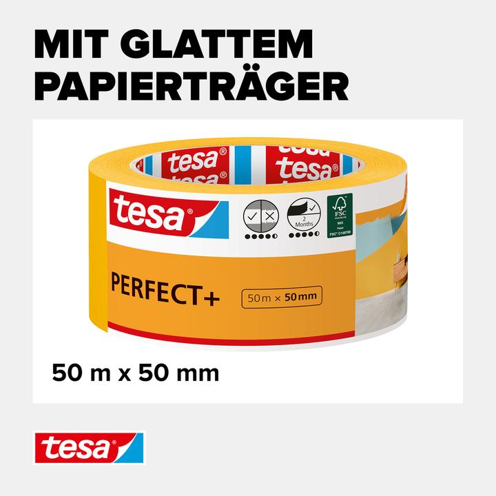 Produktbild tesa Malerkrepp Perfect+, Abdeckklebeband für präzises Abkleben im Innenbereich (50 mm)