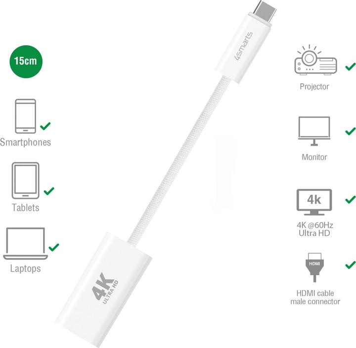 Produktbild 4smarts USB-C auf HDMI Kabel female 15cm weiss (USB Typ-C, 15 cm)