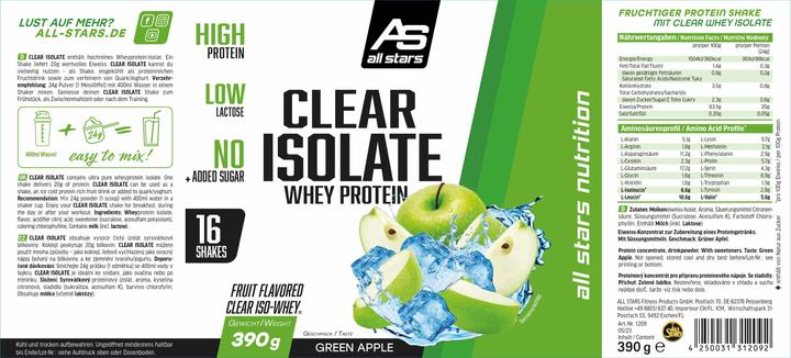Nährwerte und Zutaten All Stars Clear Isolate Whey Protein (390g Dose) (Grüner Apfel, 1 Stk., 400 g)