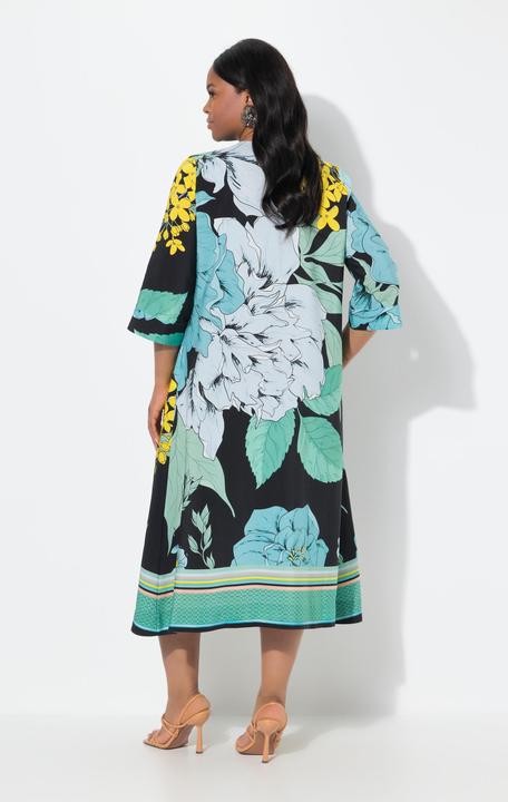 Produktbild Ulla Popken Lyocell-Midikleid, Blüten, A-Linie, V-Ausschnitt, 3/4-Arm (50, 52)
