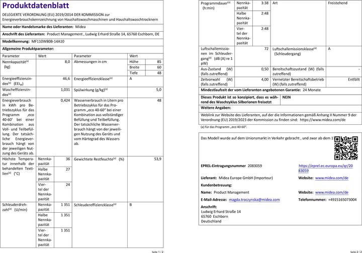 Immagine prodotto Midea MF110W80B-14A10 Frontlader Waschmaschine, 8kg, 1400 U/min (8 kg, A sinistra)