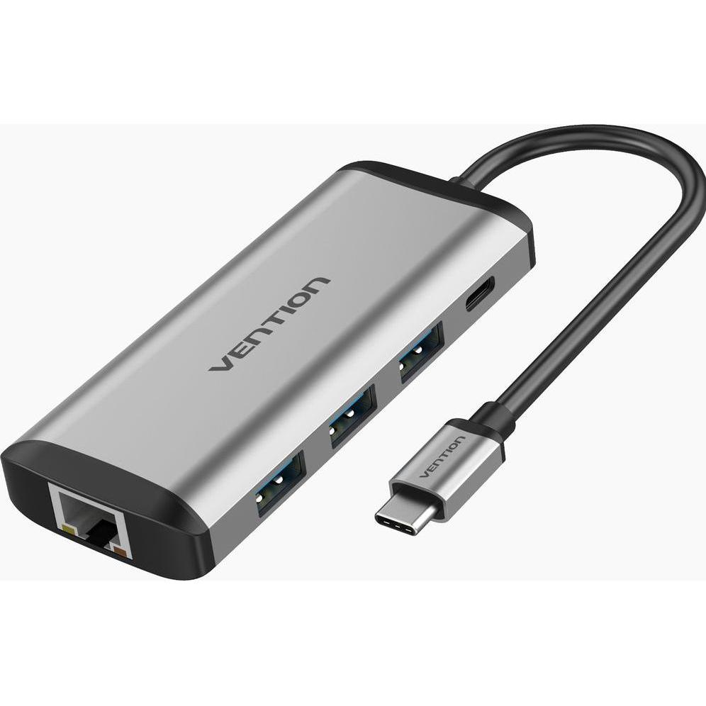 Vention Multifunktion Adapter HDMi, 3xUSB, TF, SD, RJ45 (USB-C, 9 Ports), Dockingstation + USB Hub, Grau