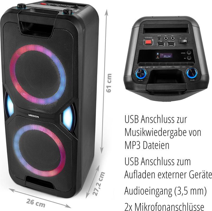 Actual product image Medion MD 44468 Party loudspeaker black (15 h, Electrical connection, Rechargeable battery operated)