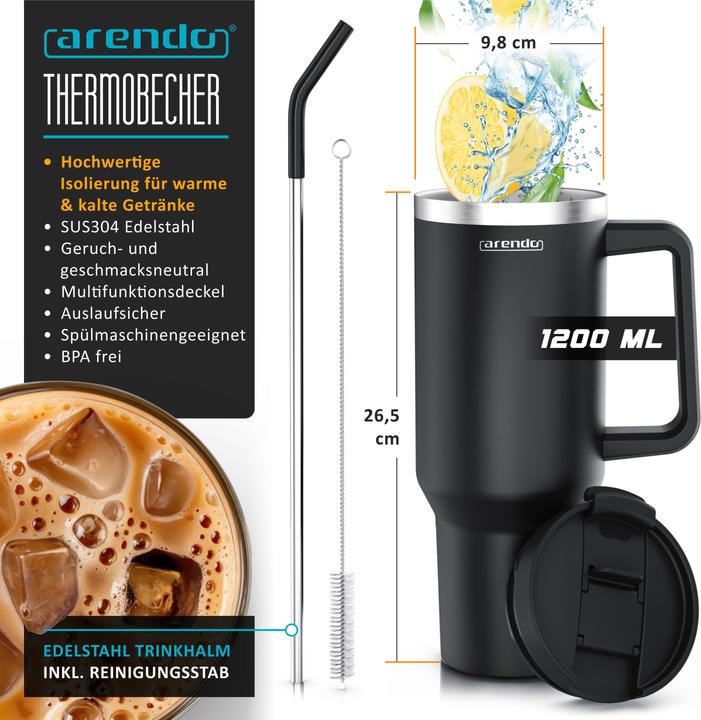 Produktbild Arendo Thermobecher 1200 ml, Thermal Mug, Becher mit Deckel, Henkel & Strohhalm, Tumbler, Edelstahl (1.20 l)