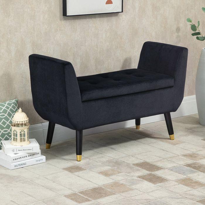 Actual product image Swisshandel24 Luxury bench Upholstered bench with storage space Armrests Chest bench Velvety polyester rubberwood (107 cm)